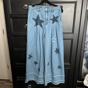 BiBi Star Pattern Wide Leg Jeans - Blue and Black